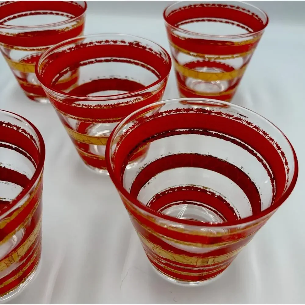 Vintage Set of 5 Red and 22k Gold Culver Alberto Double Old Fashion Glasses GUC